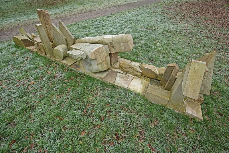 Sculpture Steinener Fluss der Zeit by Voré 2010, modern art, abstract art, limestone, fragments, fragment, pieces, fragments, stones, lying, line, row, linear, lined, flow, stony, sculpture park, Wettersbach, Palmbach, Grünwettersbach, Karlsruhe, Baden-Württemberg, Germany, Europe