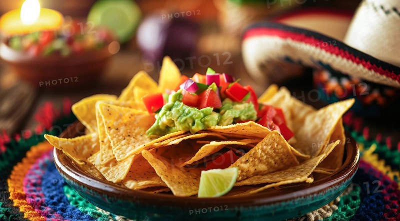 Mexican traditional nachos with avocado jalapeno guacamole and tomato salsa., AI generated
