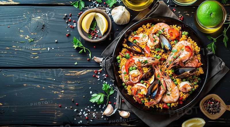 Authentic seafood paella senyoret on a wooden table., AI generated