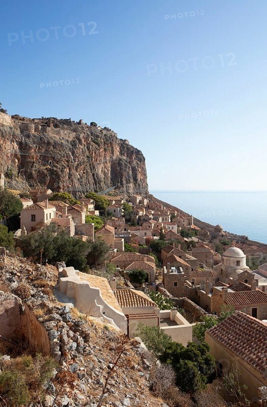 Byzantine castle town of Monemvasia, Monemvassia, Monemwassia, Monembasia, in the Myrtoan Sea, Laconia, Peloponnese, Greece, Europe