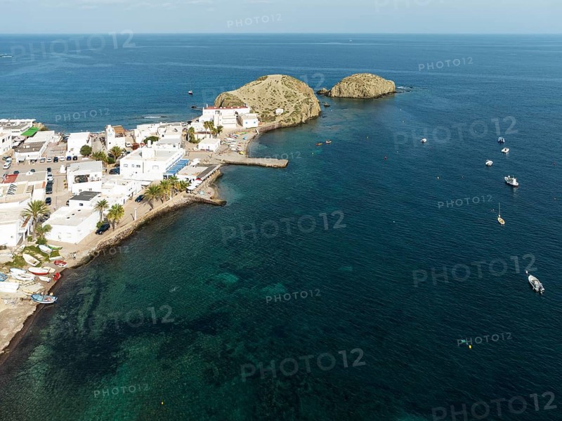 The fishing village of La Isleta del Moro. Aerial view. Drone shot. Nature Reserve Cabo de Gata-Nijar, Almería province, Andalusia, Spain, Europe