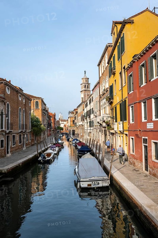 Motorboats and colourful house facades on a small canal, Venice, Veneto, Italy, Europe