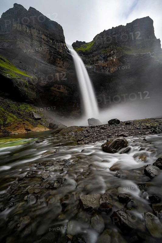 Haifoss and Granni waterfall at a canyon, Fossá í Þjórsárdal, with river í Þjórsárdal, long exposure, dramatic landscape, Hekla, Iceland, Europe