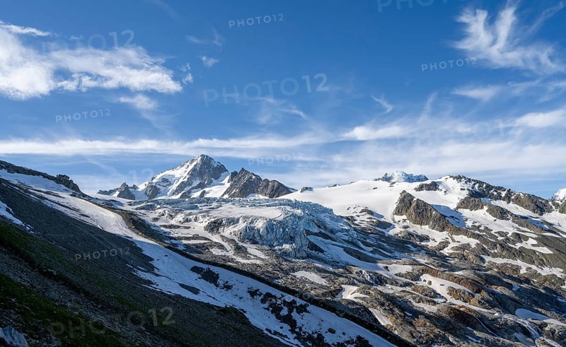 High alpine mountain landscape, summit of the Aiguille de Chardonnet and Glacier du Tour, glaciers and mountain peaks, Chamonix, Haute-Savoie, France, Europe