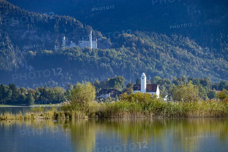 Forggensee near Füssen, behind it Waltenhofen and Neuschwanstein Castle, Ostallgäu, Allgäu, Swabia, Bavaria, Germany, Europe