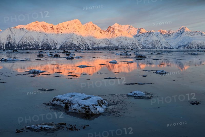 Morning light, mountains, snowy, reflection, sea, coast, fjord, winter, Lyngen Alps, Norway, Europe