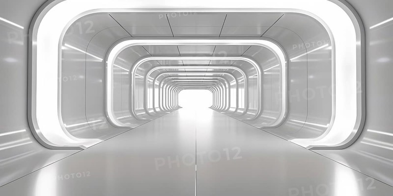 Futuristic long white hallway with lamps. Generative AI, AI generated