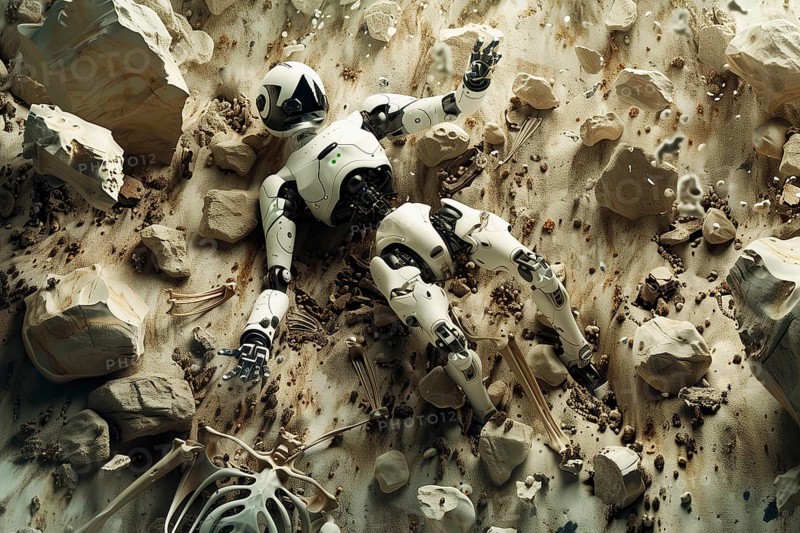 Robot fallen among small particles of waste, pieces of eroded rocks, remains of animal skeletons and sediment at the bottom of deep sea water, AI generated