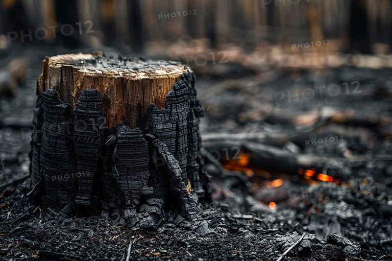 Black burned tree stump in forest. Generative Ai, AI generated