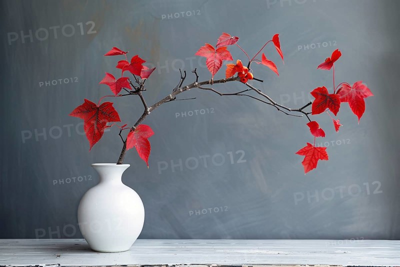 White vase with tree branch with red autumn leaves. Generative Ai, AI generated