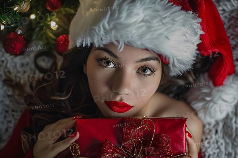 Beautiful young woman with red santa hat holding Christmas present. Generative Ai, AI generated