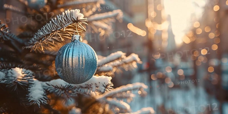 Christmas banner with elegant blue baubles ornament with snow covered tree with city in blurry background. Generative Ai, AI generated