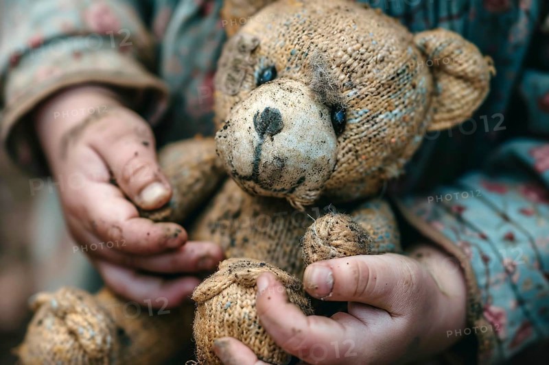 Close up of damaged and dirty teddy bear toy held by child. Generative Ai, AI generated