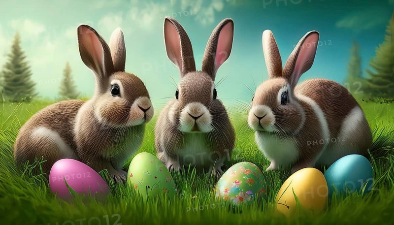 Three bunnies as Easter bunnies with colourful Easter eggs in fresh green grass, AI-generated image, AI generated