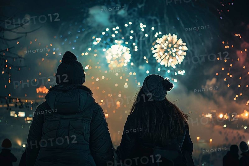 Back view of 2 young people in winter clothes celebrating new year with fireworks. Generative Ai, AI generated
