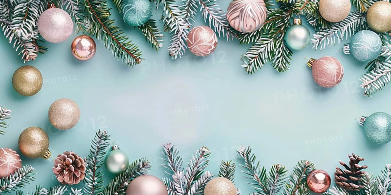 Christmas flatlay with blue, gold and pink colored tree baubles with fir branches on pastel background with copy space.. Generative Ai, AI generated