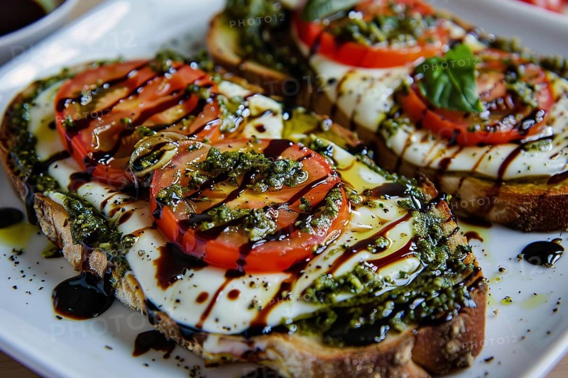 Slices of bread with mozarella cheese, pesto and tomato slices. Generative AI, AI generated