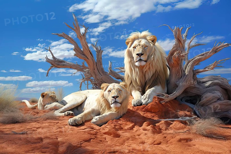Lions resting under a dead tree, Africa, AI generated