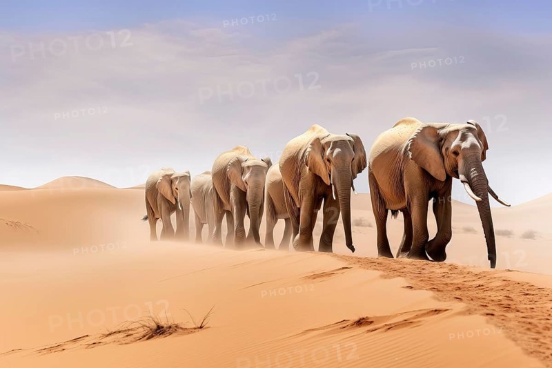 Desert elephants walking on top of a sand dune, Africa, AI generated