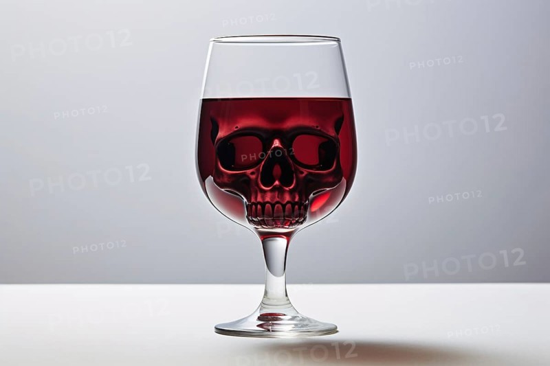 Concept for alcohol causing helath damage and deaths with wine glass with abstract slull face. KI generiert, generiert AI generated
