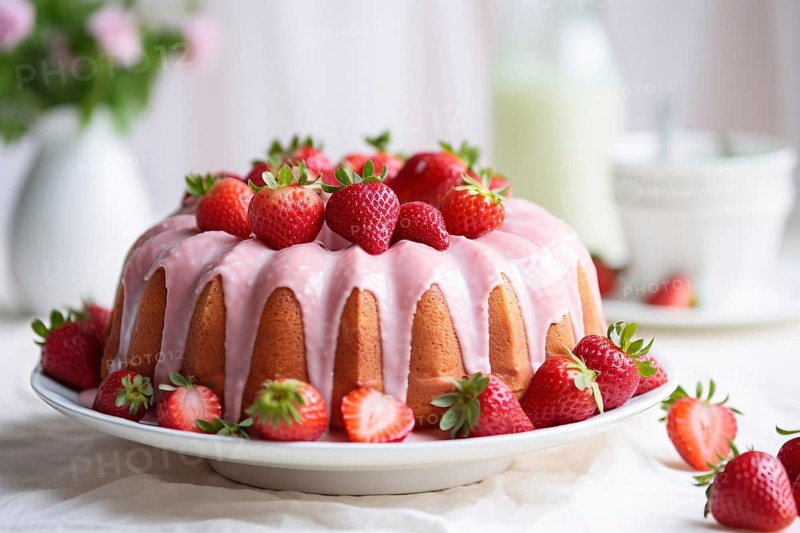 Bundt cake with pink glazing and fresh strawberry fruits. KI generiert, generiert AI generated