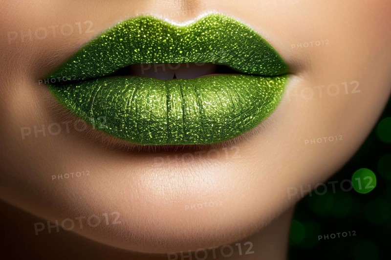 Woman's lips with green St. Patrick's day makeup lipstick with glitter. KI generiert, generiert AI generated