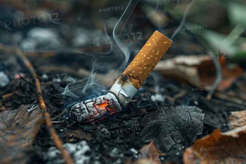 Burning cigarette butt on forest ground risking fire. KI generiert, generiert, AI generated