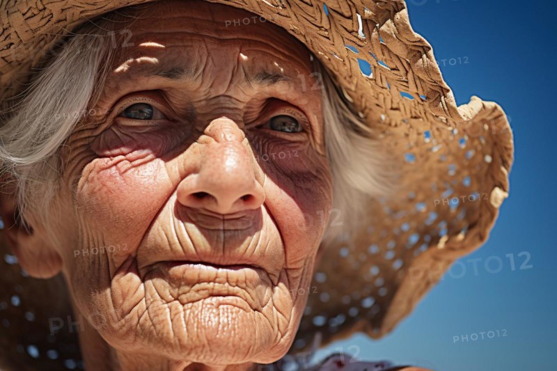 Face of very old wrinkled woman with summer straw hat in sun. KI generiert, generiert KI generiert, generiert AI generated