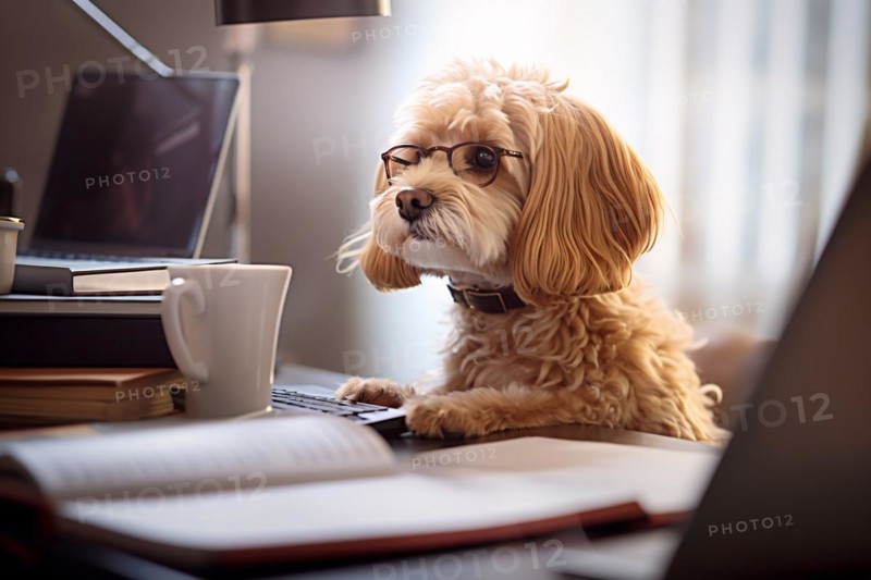 Small dog with glasses working at desk in office. KI generiert, generiert AI generated
