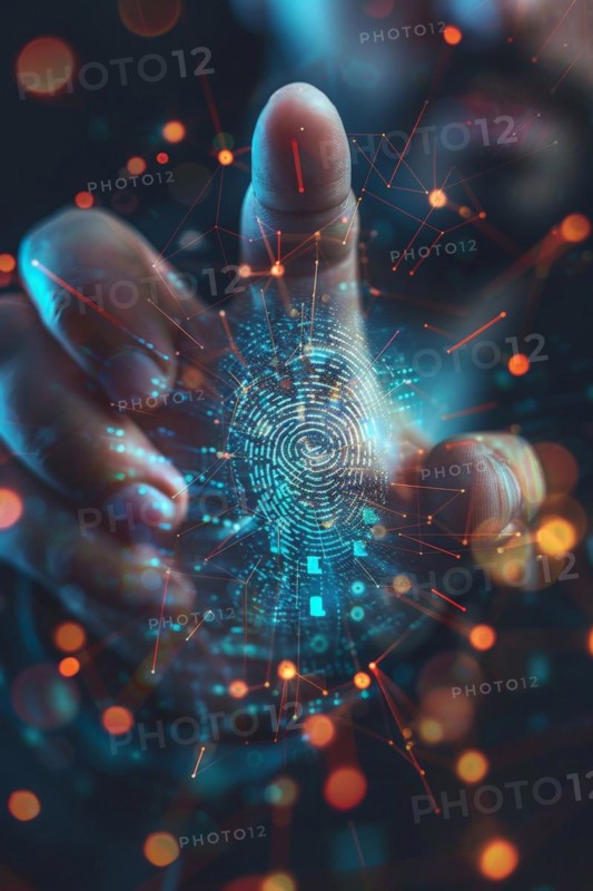 A hand reaches for a scanned, digitally captured fingerprint for biometric authentication, password, symbolic image for data misuse, cybercrime, fishing phishing, AI generated, AI generated, AI generated