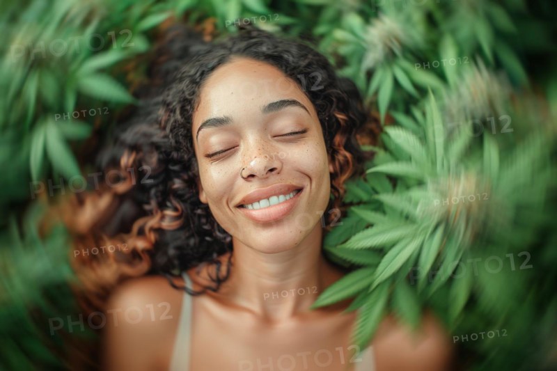 Teenager in an intoxicated state in a hemp field, surrounded by hemp leaves, cannabis, industrial hemp, symbolic image, health risk, drug use, illegal, legal, for medical, industrial purposes or food production, AI generated, AI generated, AI generated