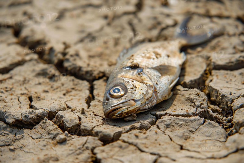 Dead fish on cacked dried up earth. Global warming and water scarcity concept. KI generiert, generiert, AI generated