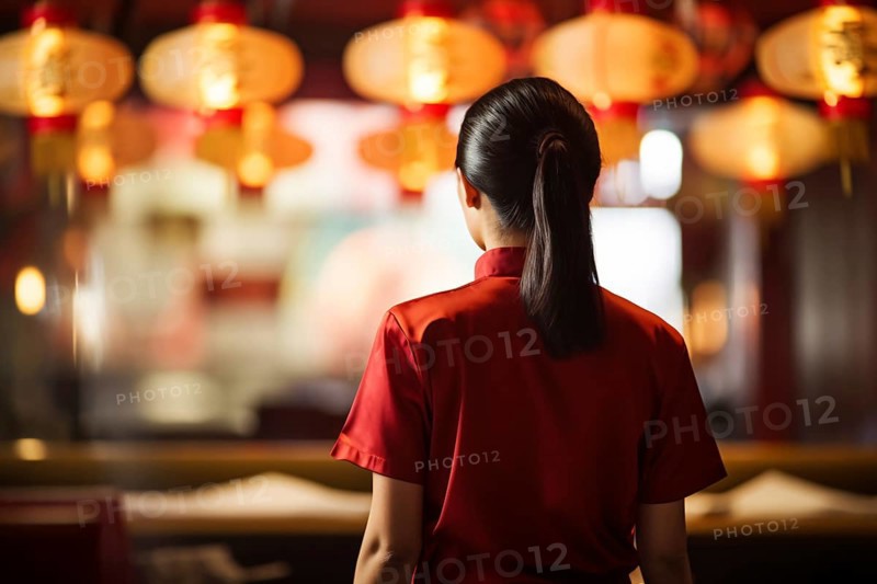 Back view of waitress in European style Chinese restaurant. KI generiert, generiert AI generated