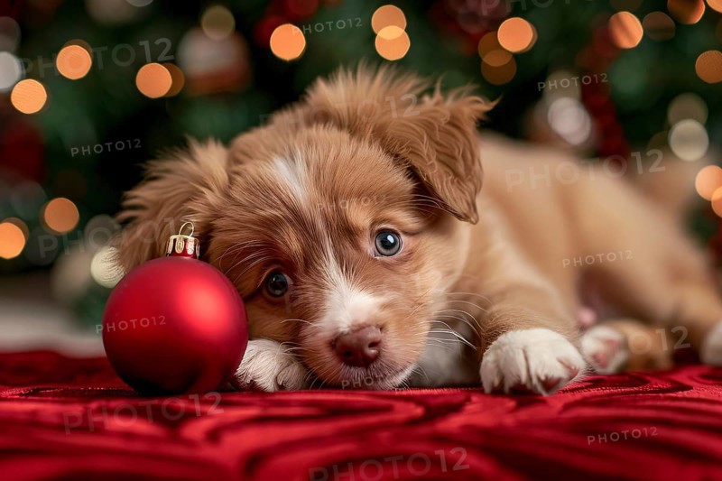 Cute dog puppy with red Christmas tree bauble. Generative AI, AI generated