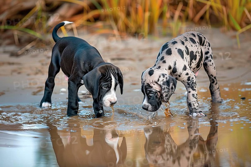 Two cute Great Dane pups in the water, AI generated