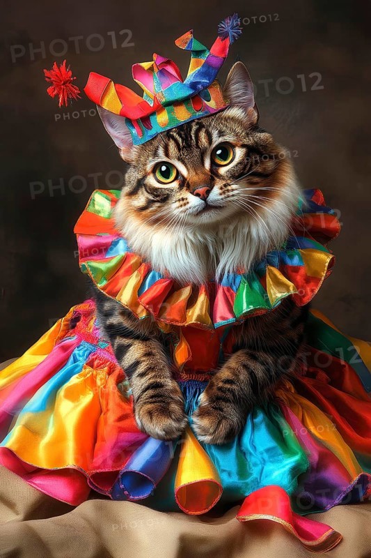 Bengal cat dressed in colorful carnival clothing, AI generated