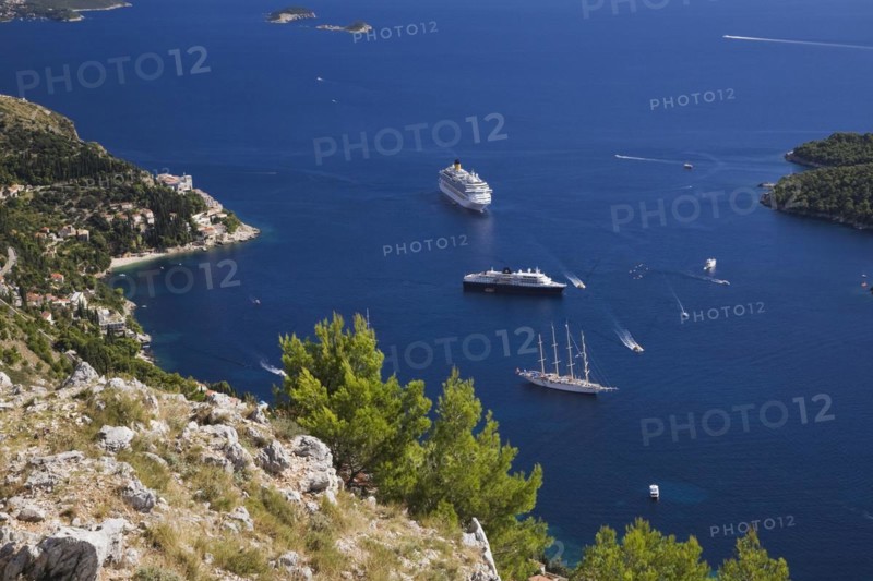 High angle view of cruise ships and sailboats on the Adriatic sea taken from Mount Srd, Dubrovnik, Dalmatia region, Croatia, Europe