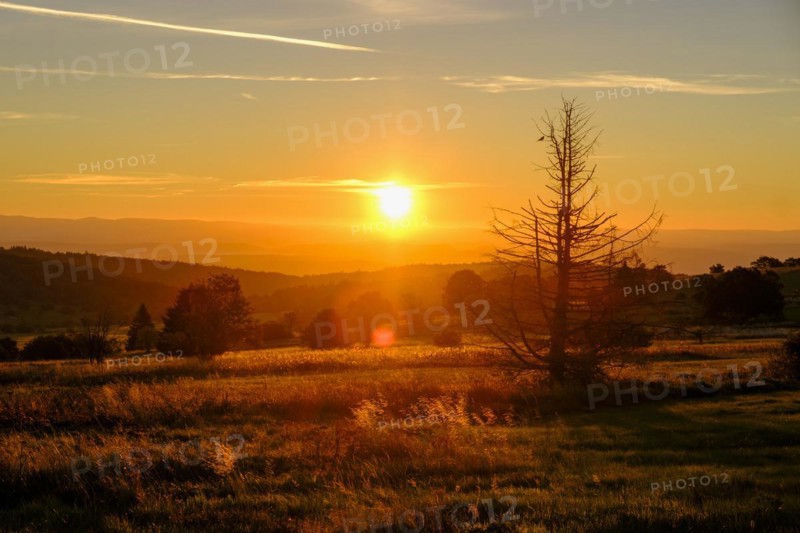Sunrise, Hochrhönstraße, near Schwabenhimmel, UNESCO Biosphere Reserve, near Hausen, Rhön, Bavarian Rhön, Rhön, Lower Franconia, Bavaria, Germany, Europe
