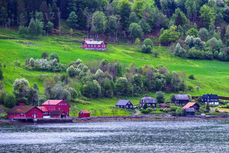 Mountains and Fjord over Norwegian Village, Olden, Innvikfjorden, Norway, Europe