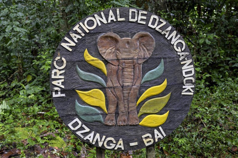 Sign at the entrance to the Dzanga-Ndoki National Park, Unesco World Heritage Site, Dzanga-Sangha Complex of Protected Areas (DSPAC), Sangha-Mbaéré Prefecture, Central African Republic, Africa