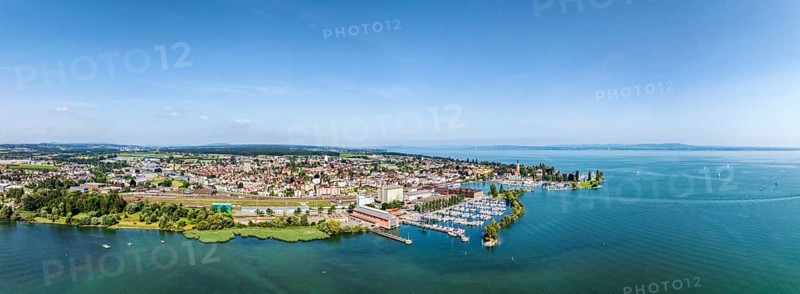 Harbour area, ferry port, yacht harbour, marina of Romanshorn with lake park, aerial view, panorama, Lake Constance, Canton Thurgau, Switzerland, Europe