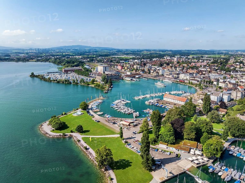 Harbour area, ferry port, yacht harbour, marina of Romanshorn with lake park, aerial view, Lake Constance, Canton Thurgau, Switzerland, Europe