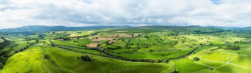 Panorama of Farms and Fields over Yorkshire Dales National Park from a dron, North Yorkshire, England, United Kingdom, Europe