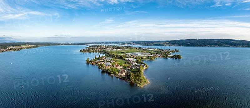 Aerial view, panorama of the island of Reichenau in Lake Constance seen from the west, on the left the Gnadensee with the municipality of Allensbach, on the right the Untersee with the Swiss side of the lake with the Thurgauer Seerücken, on the horizon the city of Constance, Baden-Württemberg, Germany, Europe