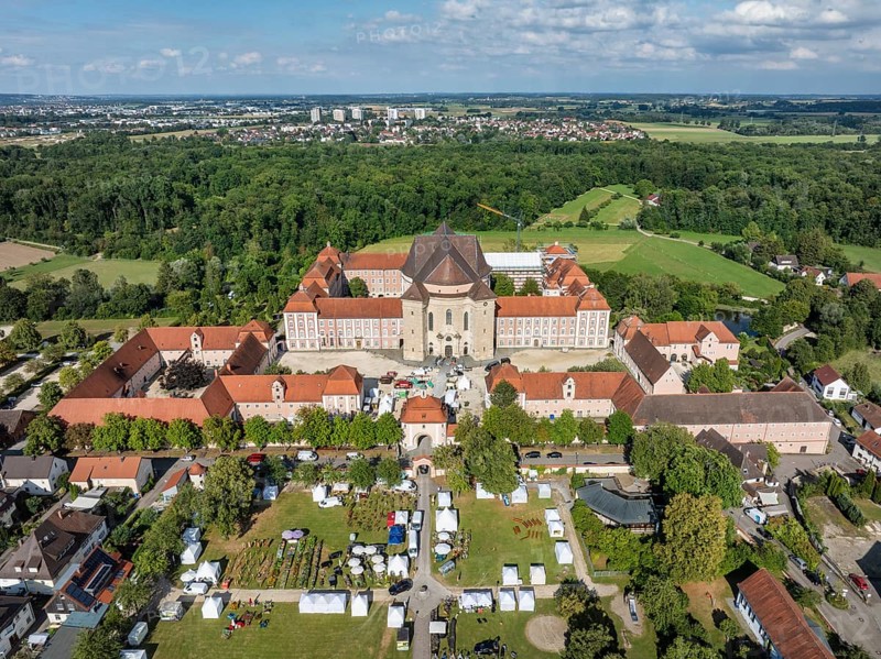 Aerial view of the Wiblingen monastery complex, former Benedictine abbey then castle and barracks, Ulm, Baden-Württemberg, Germany, Europe