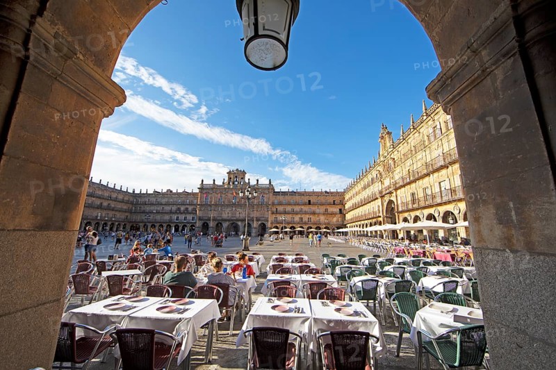 Plaza Mayor viewed through an arcade, Salamanca, Salamanca province, Castile and Leon, Spain, Europe