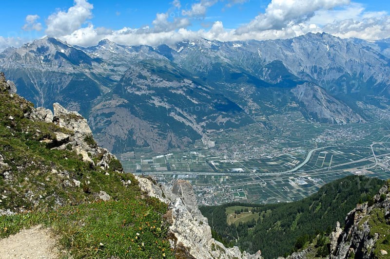 View of the Rhone valley from the ascent to the summit of Pierre Avoi, Valais Alps, Verbier, Valais, Switzerland, Europe
