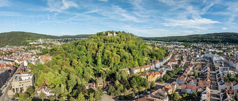 Aerial view, panorama of the Honburg castle ruins on the Honberg above the town of Tuttlingen, district of Tuttlingen, Black Forest, Baar, Heuberg, Baden-Württemberg, Germany, Europe