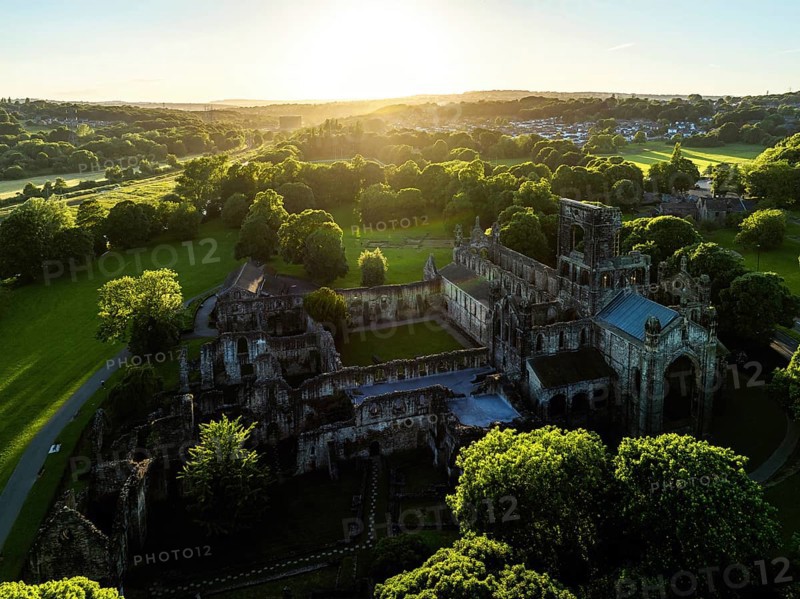 Kirkstall Abbey from a drone, Kirkstall, River Aire, Leeds, West Yorkshire, England, United Kingdom, Europe