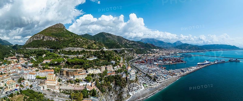 Panorama of Vietri sul Mare from a drone, Amalfi Coast, Salerno, Campania, Italy, Europe